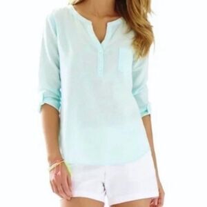 GUC Lilly Pulitzer Key Largo Linen Top Shirt Blouse Whisper Blue Size SMALL